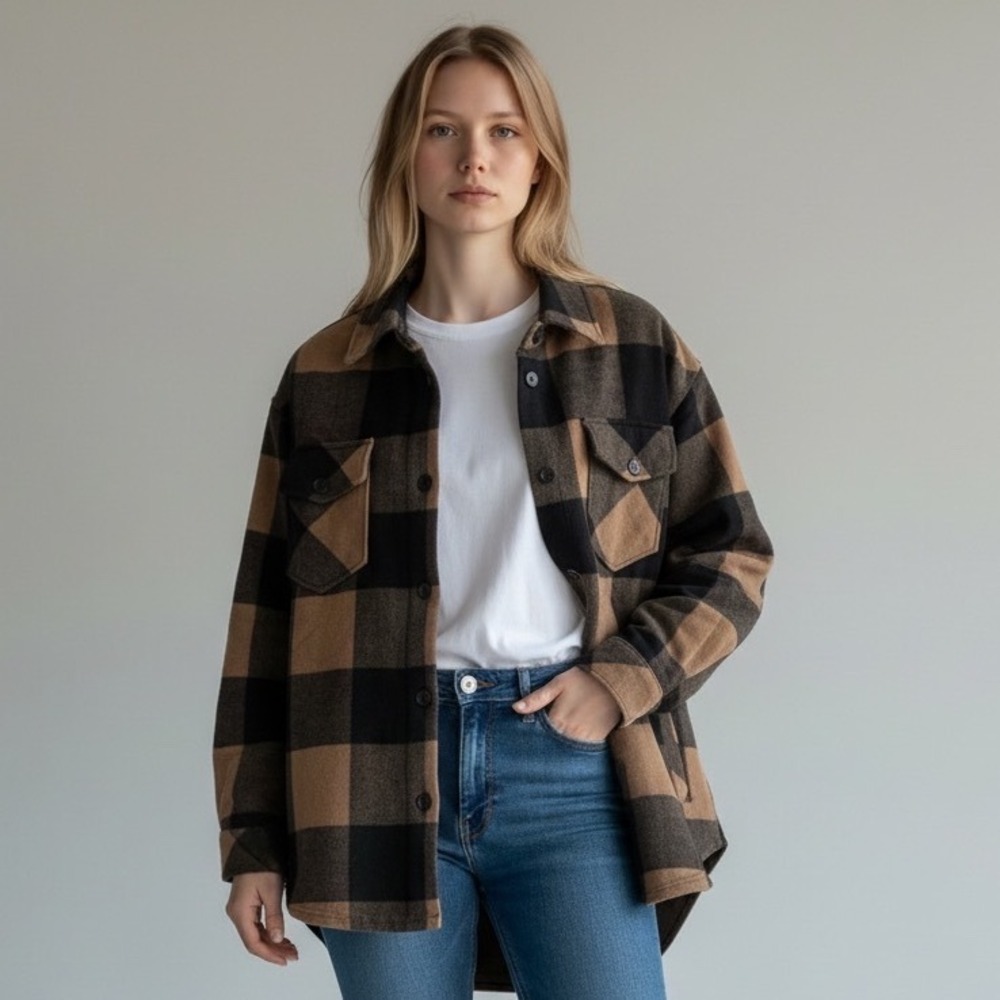 Woolx Sawyer Merino Wool Shacket Brown Black Buffalo Plaid X544-236 Medium NEW